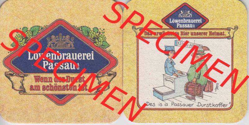 Bierdeckel Deutschland Löwenbrauerei Passau, Das urwüchsige Bier unserer Heimat, Des is a Passauer Durstkoffer (1). Katalog über deutsche Bierdeckel der Löwenbrauerei... Sammlung