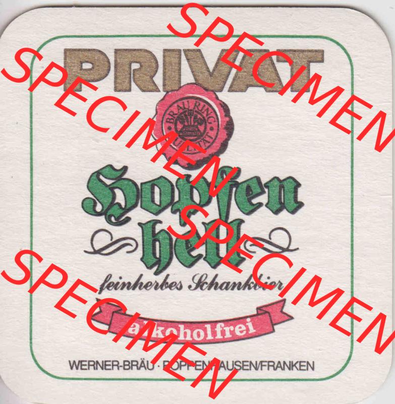 Bierdeckel Privat Hopfenhell, feinherbes Schankbier, alkoholfrei (2). Deutscher Katalog über deutsche Bierdeckel Privatbrauerei Werner-Bräu aus Bundesland Bayern,... Sammlung