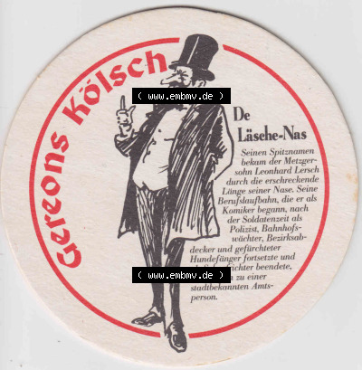 Bierdeckel Deutschland Gereons Kölsch De Läsche-Nas (1). Deutscher Katalog über deutsche Bierdeckel Gereons Kölsch aus Bundesland... Sammlung