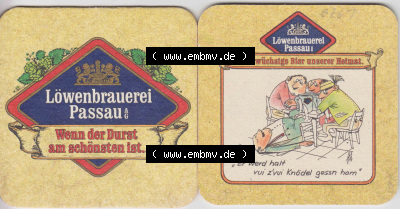 Bierdeckel Deutschland Löwenbrauerei Passau, Das urwüchsige Bier unserer Heimat, Er werd halt vui zvui Knödel gessn ham (1).... Sammlung