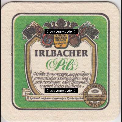 Bierdeckel Irlbacher Pils Uralte Brauerezepte, ausgesuchter aromatischer Doldenhopfen (2). Deutscher Katalog über deutsche Bierdeckel Schlossbrauerei Irlbach aus Bundesland... Sammlung