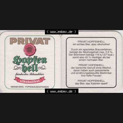 Bierdeckel Privat Hopfenhell, feinherbes Schankbier, alkoholfrei (1). Deutscher Katalog über deutsche Bierdeckel Privatbrauerei Werner-Bräu aus Bundesland Bayern,... Sammlung
