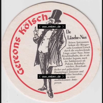 Bierdeckel Deutschland Gereons Kölsch De Läsche-Nas (1). Deutscher Katalog über deutsche Bierdeckel Gereons Kölsch aus Bundesland Nordrhein-Westfalen, zum katalogisieren... Sammlung