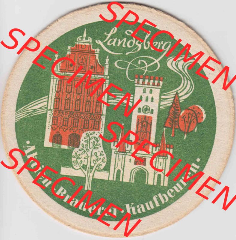 Bierdeckel Landsberg, Aktien-Brauerei Kaufbeuren (2). Deutscher Katalog über deutsche Bierdeckel Aktienbrauerei Kaufbeuren aus Bundesland Bayern, zum katalogisieren deiner... Sammlung