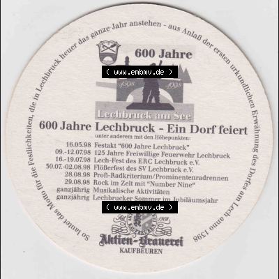 Bierdeckel 1998, 600 Jahre Lechbrück Aktien-Brauerei Kaufbeuren (3). Deutscher Katalog über deutsche Bierdeckel Aktienbrauerei Kaufbeuren aus Bundesland Bayern, zum... Sammlung