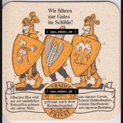 Bierdeckel Irlbacher Exzellent, Wir führen gutes im Schilde (3). Deutscher Katalog über deutsche Bierdeckel Schlossbrauerei Irlbach aus Bundesland Bayern, zum katalogisieren... Sammlung