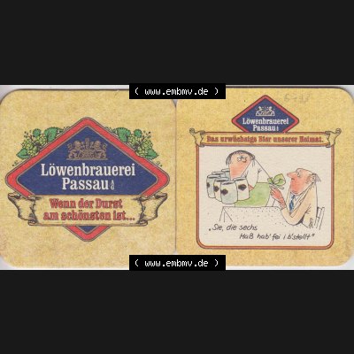 Bierdeckel Deutschland Löwenbrauerei Passau, Das urwüchsige Bier unserer Heimat, Sie die sechs Maß hab frei i bestellt (1). Katalog über deutsche Bierdeckel... Sammlung