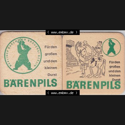 Bierdeckel Bärenpils, Berliner Bärenbier Brauerei Berlin (7). Deutscher Katalog über deutsche Bierdeckel Berliner Bärenbier Brauerei Berlin aus Bundesland Brandenburg... Sammlung