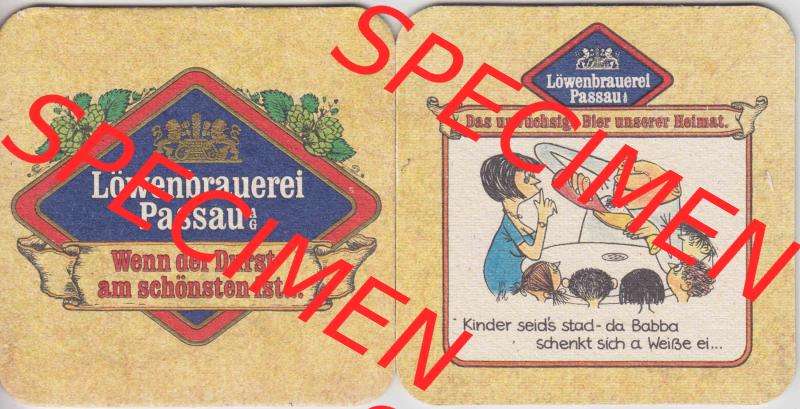 Bierdeckel Deutschland Löwenbrauerei Passau, Das urwüchsige Bier unserer Heimat, kinder seids stad da Babba schenkt sich a Weiße ei (1). Katalog über deutsche... Sammlung