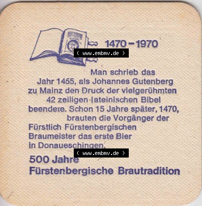 Bierdeckel Fürstenberg in der Tat eines ddere besten Biere der Welt 1470-1970 (3). Deutscher Katalog über deutsche Bierdeckel... Sammlung