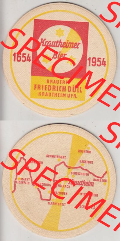 Bierdeckel 1654-1954, Krautheimer Bier Brauerei Friedrich Düll Krautheim UFR. , Karte über Kraumheim (3). Deutscher Katalog über deutsche Bierdeckel Krautheimer... Sammlung