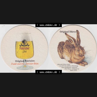 Bierdeckel Original Patrizier Frank und frei, Patrizier-Bräu, Original Dürer, Albrecht Dürrer lebte von 1471 bis 1528 (1). Deutscher Katalog über... Sammlung
