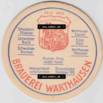 Bierdeckel Brauerei Warthausen, Schwaben Pilsner, Bock, Dunkel, Pussi-Pils edel-herb, Weizenbier, Brandiator (3). Deutscher Katalog... Sammlung