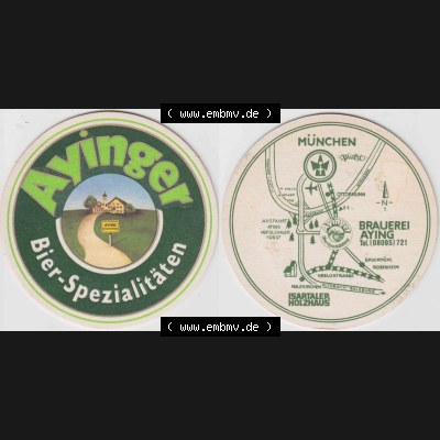 Bierdeckel Ayinger Bier-Spezialitäten, Landkarte der Brauerei Aying, Isartaler Holzhaus (1). Deutscher Katalog über deutsche Bierdeckel Brauerei Aying aus Bundesland... Sammlung