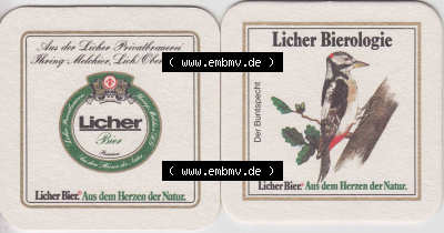 Bierdeckel 1985 Licher Bier, Aus dem Herzen der Natur, Licher Bierologie, Der Buntspecht (1) Licher Bier im Katalog Bundesland... Sammlung