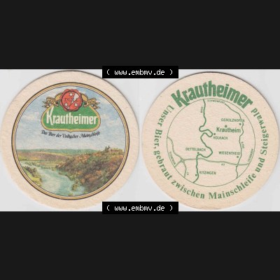 Bierdeckel Krautheimer, Das Bier der Volkacher Mainschleife (1). Deutscher Katalog über deutsche Bierdeckel Krautheimer aus Bundesland Bayern zum katalogisieren und kategorisieren... Sammlung