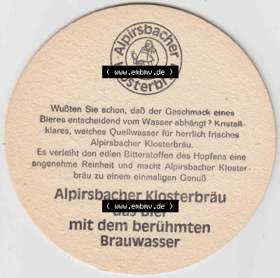 Bierdeckel Alpirsbacher Klosterbräu, das Bier mit dem berühmten Brauwasser (2). Deutscher Katalog über die deutschen Bierdeckel... Sammlung