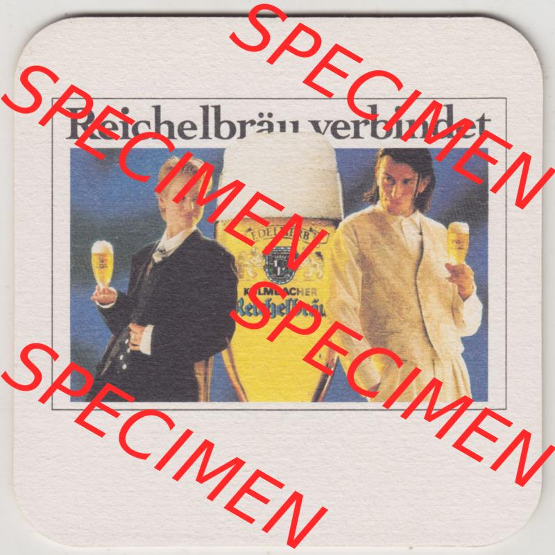 Bierdeckel Kulmbacher Reichelbräu, Reichelbräu verbindet, Foto-Motiv mit Mann und Frau mit je einen Glas Reicherbräu, Edelherb Pils (2). Deutscher Katalog... Sammlung