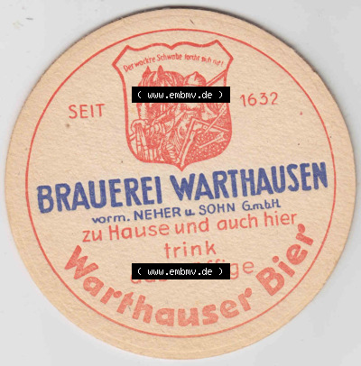 Bierdeckel Brauerei Warthausen, Schwaben Pilsner, Bock, Dunkel, Pussi-Pils edel-herb, Weizenbier, Brandiator (2). Deutscher Katalog... Sammlung