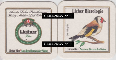 Bierdeckel 1985 Licher Bier, Aus dem Herzen der Natur, Licher Bierologie, Der Stieglitz (1) Licher Bier im Katalog Bundesland... Sammlung