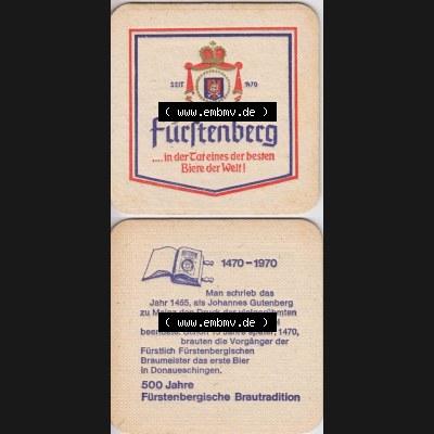 Bierdeckel Fürstenberg in der Tat eines der besten Biere der Welt 1470-1970 (3). Deutscher Katalog über deutsche Bierdeckel Fürstenberg, der Fürstlich Fürstenbergische... Sammlung