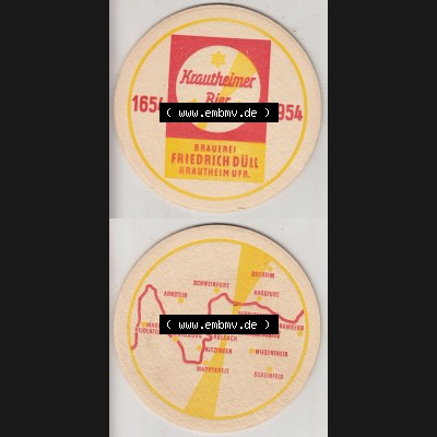Bierdeckel 1654-1954, Krautheimer Bier Brauerei Friedrich Düll Krautheim UFR. , Karte über Kraumheim (3). Deutscher Katalog über deutsche Bierdeckel Krautheimer... Sammlung