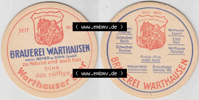 Bierdeckel Brauerei Warthausen, Schwaben Pilsner, Bock, Dunkel, Pussi-Pils edel-herb, Weizenbier, Brandiator (1). Deutscher Katalog... Sammlung