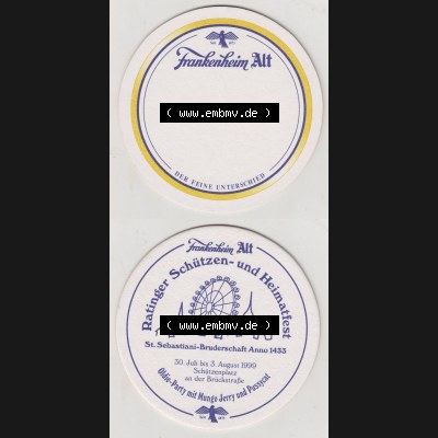 Bierdeckel 1999, Frankenheim Alt, Ratinger Schützen- und Heimatfest St. Sebastiani-Bruderschaft Anno 1433 (3). Deutscher Katalog über deutsche Bierdeckel Düsseldorfer... Sammlung