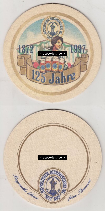 Bierdeckel 1997, 125 Jahre Bayreuther Bierbrauerei, 1872-1997, mit Feld zur Beschriftung (3). Deutscher Katalog über deutsche... Sammlung