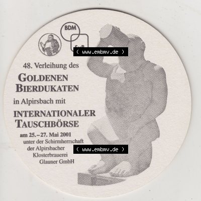 Bierdeckel 2001, Alpirsbacher Klosterbräu, 48. Verleihung des Goldenen Bierdukaten, Tauschbörse 2001 (2). Deutscher Katalog über die deutschen Bierdeckel... Sammlung