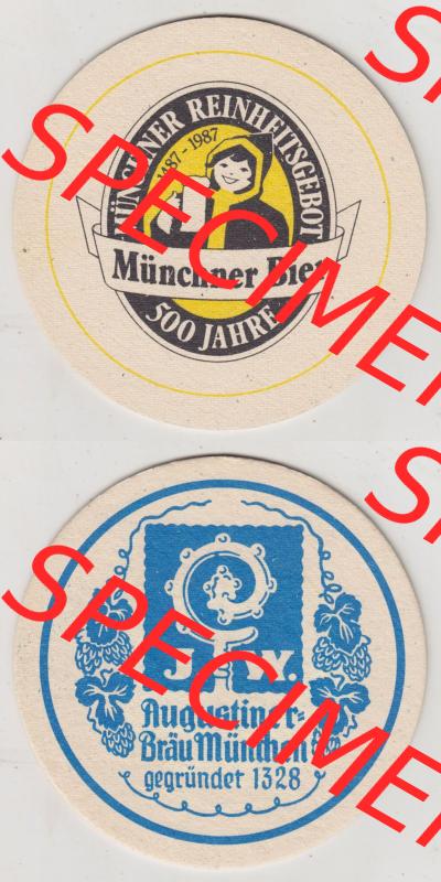 Bierdeckel 1987, Münchner Bier, Münchner Reinheitsgebot, 500 Jahre, Augustiner Bräu München (3). Deutscher Katalog über deutsche Bierdeckel... Sammlung