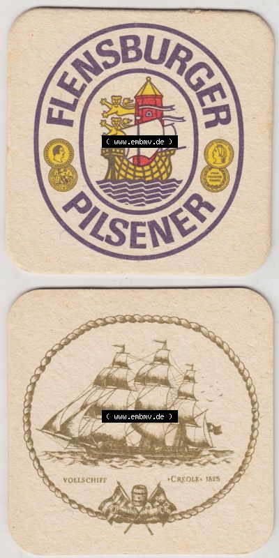 Bierdeckel Flensburger Pilsener, Schiffe-Serie, Segelschiffe, Vollschiff Creole 1825, (3). Schleswig-Holstein Katalog über deutsche... Sammlung