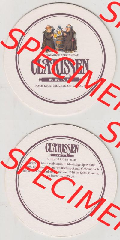 Bierdeckel Dortmunder Stifts-Brauerei, Clarissen-Bräu, nach klösterlicher Art gebraut (3). Deutscher Katalog über deutsche Bierdeckel Dortmunder Stifts-Brauerei... Sammlung