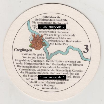 Bierdeckel Distel-PIls aus Distelhausen, Heimat des Distel Pils, 3. Karte mit Creglingen (2). Deutscher Katalog über die deutschen Bierdeckel Distelhäuser... Sammlung