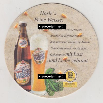 Bierdeckel Härle Feine Weisse, mit Lust und Liebe gebraut, Noch heute ist das stattliche Ziegelgebäude aus der Gründerzeit bestens erhalten (1). Deutscher Katalog... Sammlung