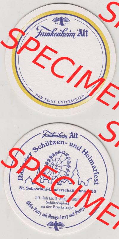 Bierdeckel 1999, Frankenheim Alt, Ratinger Schützen- und Heimatfest St. Sebastiani-Bruderschaft Anno 1433 (3). Deutscher Katalog über deutsche Bierdeckel Düsseldorfer... Sammlung