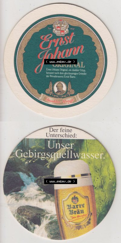 Bierdeckel Barre Bräu, Privatbrauerei Ernst Johann Barre, Original, Der feine Unterschied, UNser Gebirgsquellwasser (3). Deutscher... Sammlung