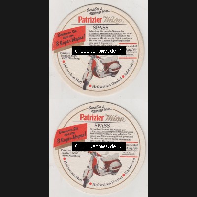 Bierdeckel 1984, Patrizier Weizen SPASS, Gewinnen Sioe eine von 3 Super-Vespas, PatrizierBräu AG (3). Deutscher Katalog über deutsche Bierdeckel Patrizier Bräu... Sammlung
