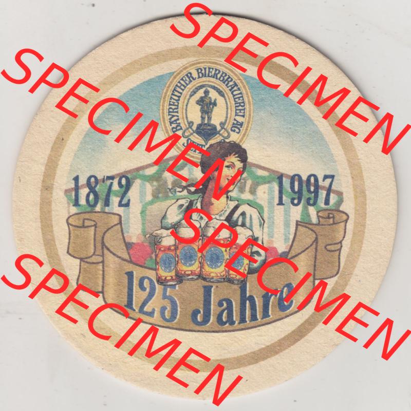 Bierdeckel 1997, 125 Jahre Bayreuther Bierbrauerei, 1872-1997, mit Feld zur Beschriftung (1). Deutscher Katalog über deutsche Bierdeckel Bayreuther Bierbrauerei... Sammlung