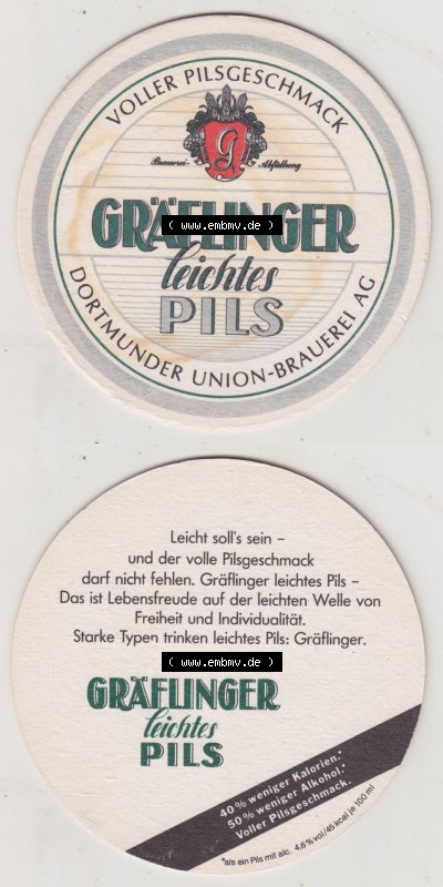 Bierdeckel Gräflinger leichter Pils, Dortmunder Union-Brauerei AG, Leicht solls sein und der volle Pilsgeschmack (3). Deutscher... Sammlung