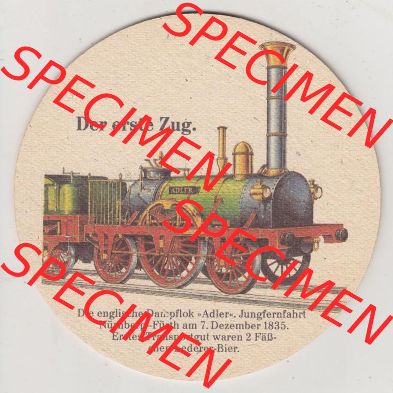 Bierdeckel Patrizier Pils, In einem Zug, FRank und frei Patrizier-Bräu, Die Englische Dampflok Adler Jungfernfahrt (2). Deutscher Katalog über deutsche Bierdeckel... Sammlung