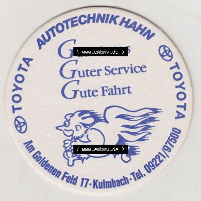Bierdeckel Kulmbacher Kommunbräu, Toyota Autotechnik Hahn, Am Goldenen Feld, Kulmbach (2). Deutscher Katalog über deutsche Bierdeckel Kulmbacher Kommunbräu... Sammlung