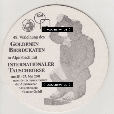 Bierdeckel 2001, Alpirsbacher Klosterbräu, 48. Verleihung des Goldenen Bierdukaten, Tauschbörse 2001 (2). Deutscher Katalog... Sammlung