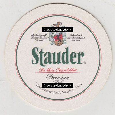 Bierdeckel Stauder Premium Pils, Es muss ja nicht jeden Tag sein. Aber schön wäre es doch (1). Deutscher Katalog über deutsche Bierdeckel Privatbrauerei Jacob... Sammlung