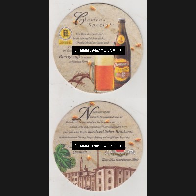 Bierdeckel Clemens-Spezial, Ein Bier das weit und breit seinesgleichen sucht, Dunkelblond in Glanz und Farbe (3). Deutscher Katalog über deutsche Bierdeckel Brauerei Clemens... Sammlung