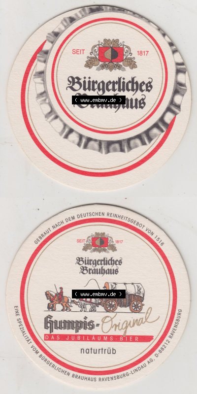 Bierdeckel Bürgerliches Brauhaus, humpis Original, Das Jubiläums-Bier (3). Deutscher Katalog über deutsche Bierdeckel Bürgerliches... Sammlung