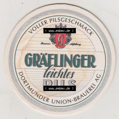 Bierdeckel Gräflinger leichter Pils, Dortmunder Union-Brauerei AG, Leicht solls sein und der volle Pilsgeschmack (1). Deutscher Katalog über deutsche Bierdeckel Dortmunder... Sammlung
