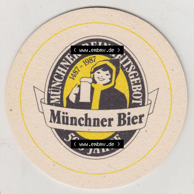 Bierdeckel 1987, Münchner Bier, Münchner Reinheitsgebot, 500 Jahre, Augustiner Bräu München (1). Deutscher Katalog über deutsche... Sammlung