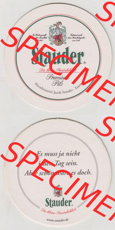 Bierdeckel Stauder Premium Pils, Es muss ja nicht jeden Tag sein. Aber schön wäre es doch (3). Deutscher Katalog über deutsche Bierdeckel Privatbrauerei Jacob... Sammlung