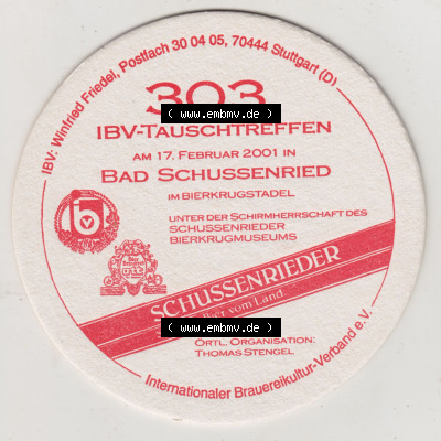 Bierdeckel 2001, Schussenrieder Brauerei Ott, Trinkt Schussenrieder, Original-Spezial, 303. IBV-Tauschtreffen Bad Schussenried... Sammlung